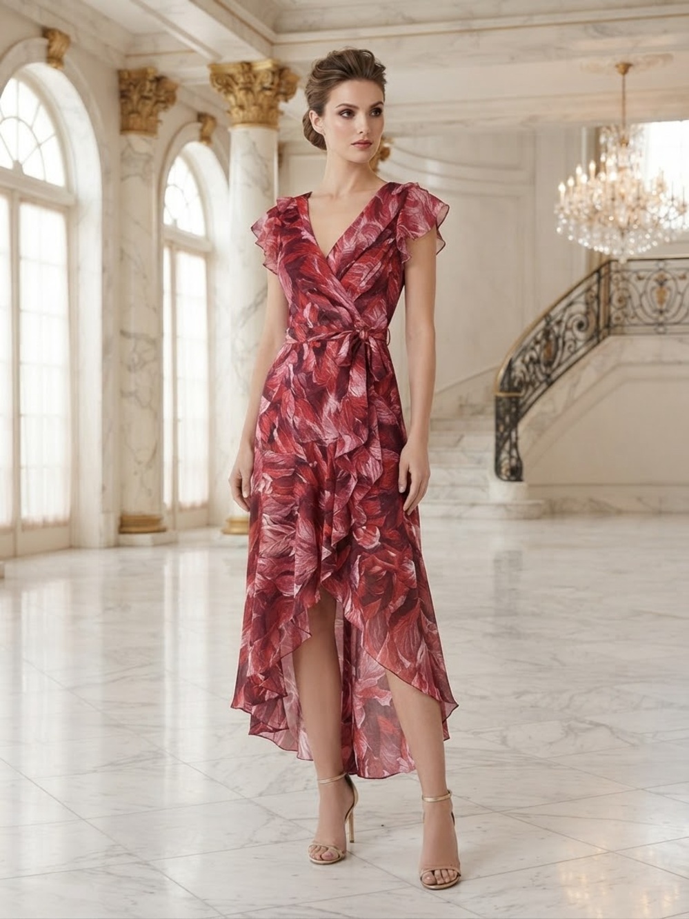 White House Black Market Burgundy Floral High-Low Wrap Dress